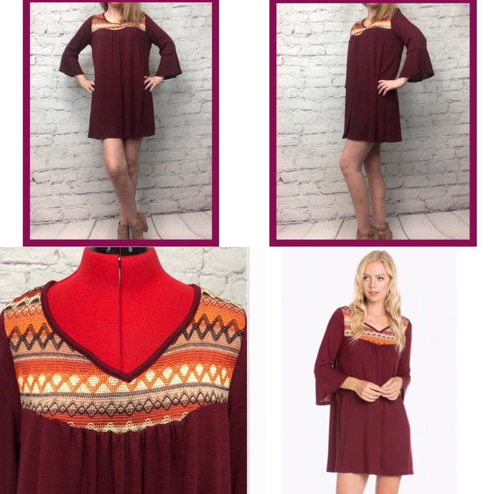 Embroidered Ruffle Sleeve Dress In Burgundy - L - Picture 4 of 9